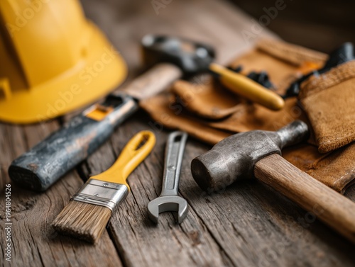 Tools Arranged on a Wooden Surface Ready for Construction Work or Home Improv...