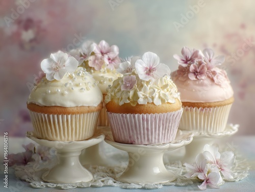 Decorative Cupcakes With Flowers on Stands for a Special Event or Celebration