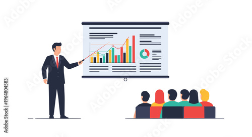A male presenter in a suit points at a projection screen displaying a graph to an attentive audience of five people on a white background.