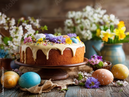 Spring Celebration With Cake and Decorated Eggs on a Wooden Table With Flowers