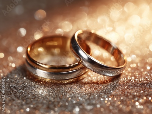 Gold and Silver Wedding Rings Placed Together on a Shiny Surface During Sunse...