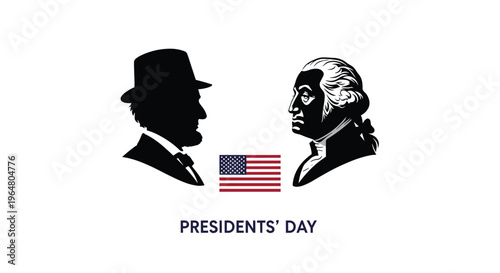 Black silhouettes of Abraham Lincoln and George Washington face each other with an American flag between them and PRESIDENTS' DAY text below.