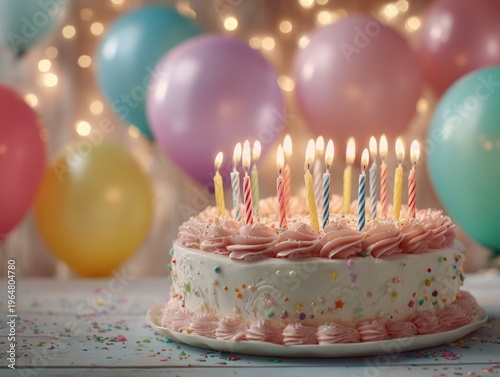 Celebration With Cake, Candles, and Balloons at a Party in a Decorated Room
