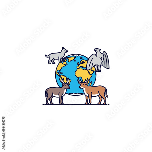 Animals standing on earth globe together.