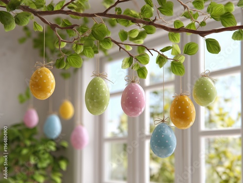 Colorful Easter Eggs Hanging From a Branch Near a Sunny Window With Green Plants