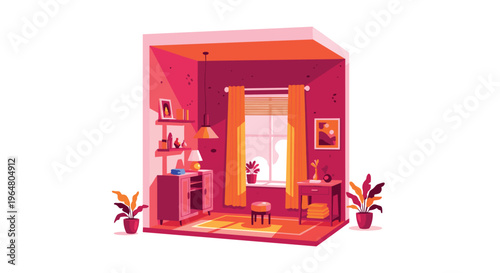 An isometric illustration showcases a cozy room with pink walls, orange curtains, and various pieces of furniture.