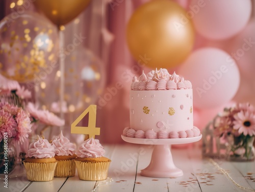 Birthday Party Decoration With Cake and Cupcakes for a Four Year Old