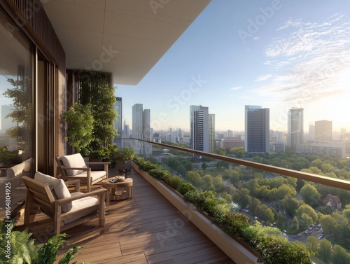 Luxury Balcony View of City Skyline With Green Trees During Sunrise in Modern...