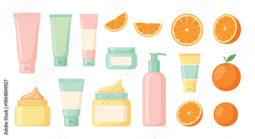 Various pastel-colored cosmetic products and fresh orange fruits are neatly arranged on a clean white background.
