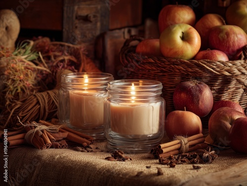Candles and Apples on a Rustic Table During Autumn Season