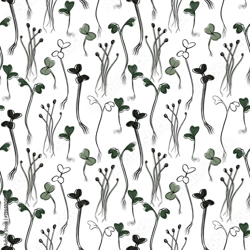Seamless vector pattern with microgreens and sprouts, clover leaves and stems, hand drawn line illustration in green tones on light background. for packaging, textiles, wrapping, wallpaper, branding