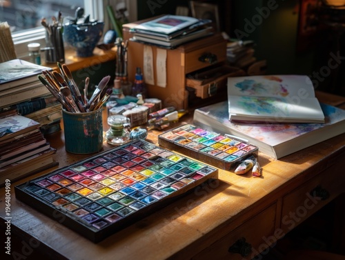 Art Supplies and Creative Workspace Set up in a Bright Room With Natural Light