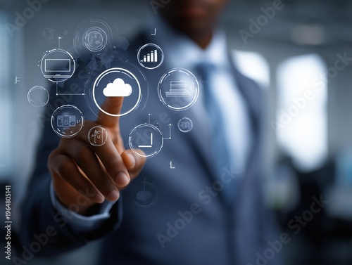 Businessman Interacting With Digital Cloud Technology in Office Space