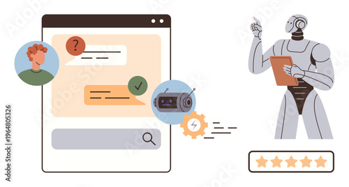 Customer service, automation, AI technology, technical support, user experience, chatbot communication. A humanoid robot with a clipboard and a chat interface messages. Customer service