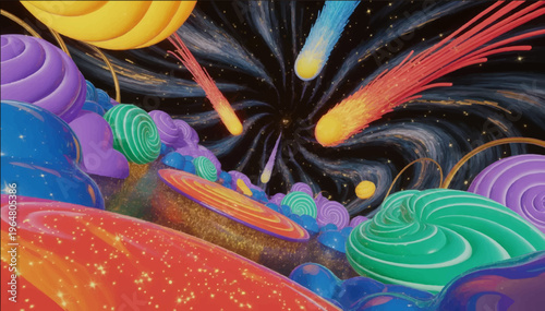 3D vector illustration of spiral galaxies emerging in the universe in bright cosmic colors with comets with tails. Urban art in a dynamic cosmic scene.