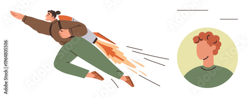 Innovation, ambition, career growth, personal goals, freedom, creativity. A person using a jetpack flies forward alongside a circular portrait. Ambition and career growth concept