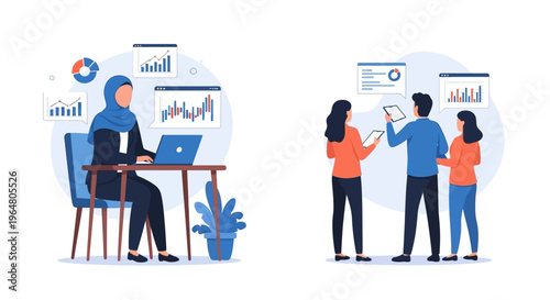 Muslim Business Woman Set Hijab Finance Cartoon Vector Illustrations Isolated on White Background