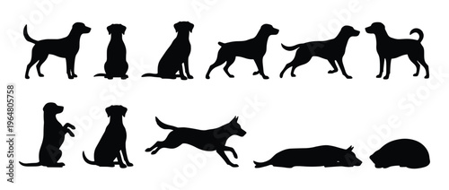 Dog Silhouette Set — Black Vector Illustrations of Dogs in Sitting, Standing, Running, Lying, Leaping, and Begging Poses on White Background