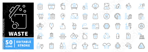 Waste management icons set. editable line icons with recycling and disposal symbols