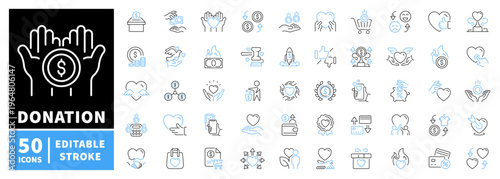 Charity and donation icons set. editable line icons, outline, fundraising symbols