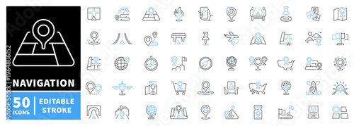 Navigation icons set. editable line icons, map, location and gps symbols