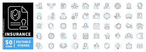 Insurance icons set. editable line icons, outline, protection and security symbols