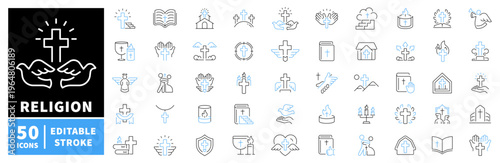 Religion icons set. editable line icons, linear, worship and faith symbols