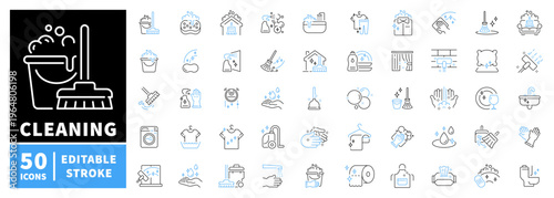 Cleaning icons set. editable line icons for housekeeping, household and hygiene