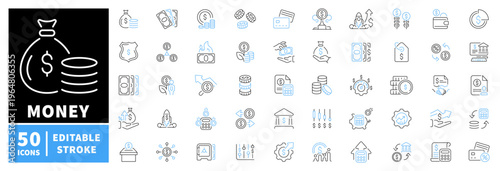 Money and finance icons set. editable line icons, outline, banking, currency symbols