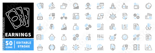 Finance and earnings icons set. editable line icons, outline, money and economy symbols