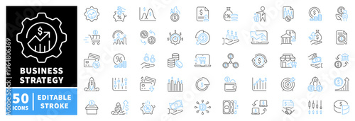 Business strategy icons set. editable line icons, outline, finance and analytics symbols