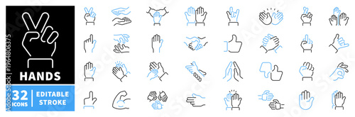 Hands icons set. editable line icons in outline, gesture, and symbol designs