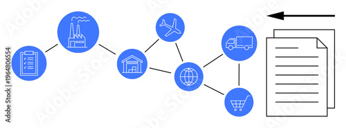 Supply chain concept. Supply chain visualization with factory, transport, warehouse, and commerce icons. Supply chain ensures streamlined logistics operations. For business, logistics, trade