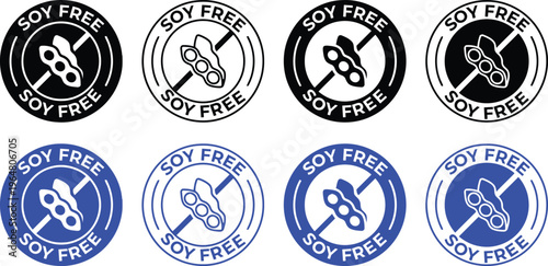 Collection of soy free logos and seals in various colors and styles