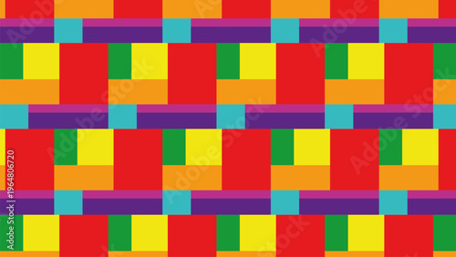 Geometric rainbow pattern with colorful woven blocks, seamless pride flag mosaic vector, vibrant abstract background for textile and web design