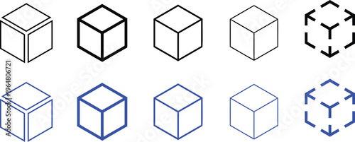 Geometric 3d cube illustrations with various line styles and shading techniques