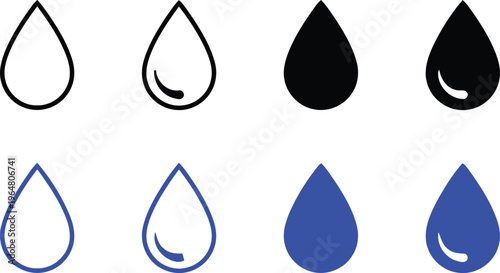 A set of eight teardrop or raindrop shapes in various line art and filled styles with black blue and white colors