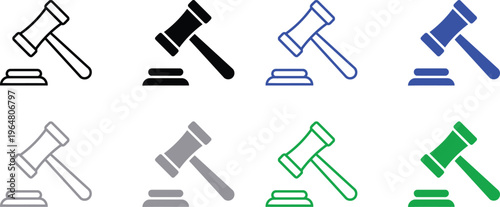 Eight different colored gavel icons in various line art styles for legal or auction themes