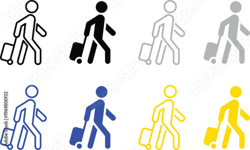 Colorful stick figures walking with luggage