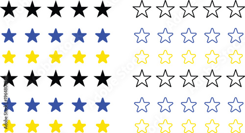 A collection of star ratings in various colors and shades