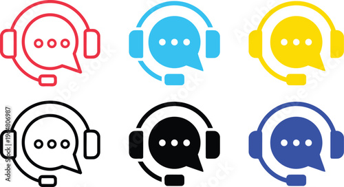 Colorful customer service icons with speech bubbles and headsets