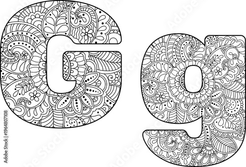 Capital and lowercase letter G with floral doodle pattern, black outline vector on transparent background