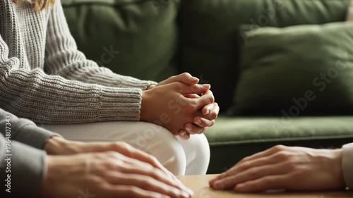 Closeup of clasped hands during a serious conversation or therapy session