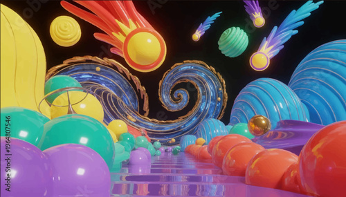 3D vector illustration of spiral galaxies emerging in the universe in bright cosmic colors with comets with tails. Urban art in a dynamic cosmic scene.