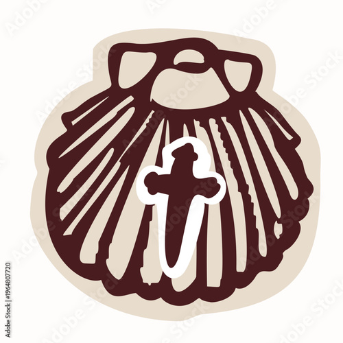 Iconic pilgrims shell for Santiago de Compostela camino pilgrimage road in Spain, Europe. Hand drawn black and white vector motif, isolated. For religious christian travel. St James the greater cross