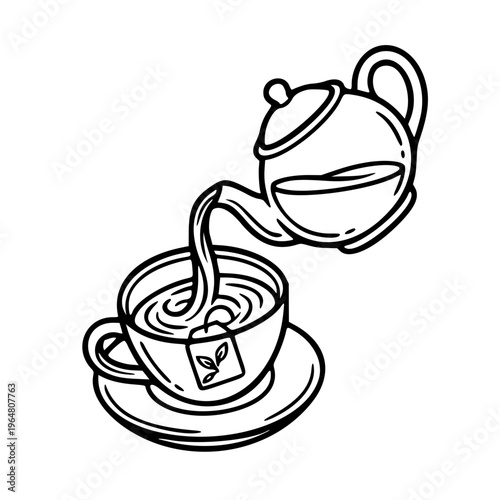 Teapot Pouring Tea into Cup Hot Beverage Line Icon Vector Illustration