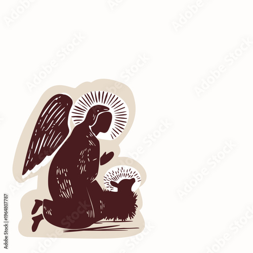 Christian Christmas nativity scene with lamb of God and angel in the stable. Hand drawn linocut border vector motif for religious Star of Bethlehem story. Isolated reason for the season copy space