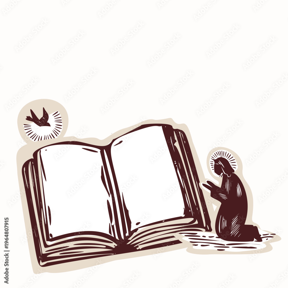 Fototapeta premium Open bible motif illustration with Holy Spirit blessing and angel figure. Hand drawn black and white vector motif . Religious element isolated with copy space . For christian clip art for church 