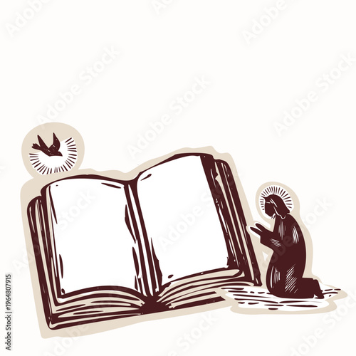 Open bible motif illustration with Holy Spirit blessing and angel figure. Hand drawn black and white vector motif . Religious element isolated with copy space . For christian clip art for church 