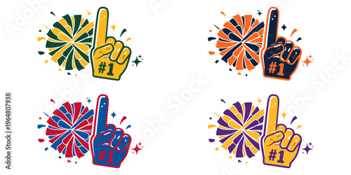 Sports Fan Cheerleading Set with Number One Foam Finger and Pompom in Various Team Colors - Vector Illustration